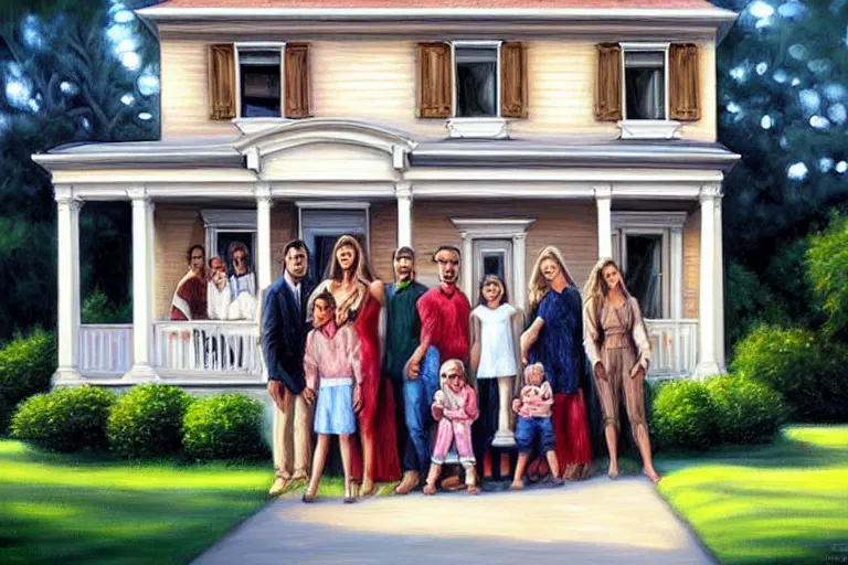 Image similar to painting of a famaly photo in front of the house, fine details, magali villeneuve, artgerm, rutkowski