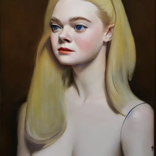 Prompt: ultra realistic portrait painting of elle fanning in mad men, art by frank frazetta, 4 k, ultra realistic, highly detailed, epic lighting