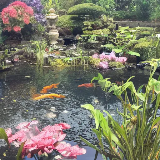 Prompt: the flowers are really bedraggled and the koi have been lethargic all summer, blue skies, midday sunlight, exquisite aesthetic etching, concept art,