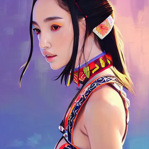 Image similar to a beautiful young japanese natalie portman alluring gravure model, stylized concept art, wearing big elaborate designer bomber jacket and one piece bikini, bomber jacket with mesoamerican patterns, mesoamerican native street fashion, princess mononoke, painted by ilya kuvshinov aesthetic, gorgeous, stunning, alluring, attractive, artstation, pinterest, digital art