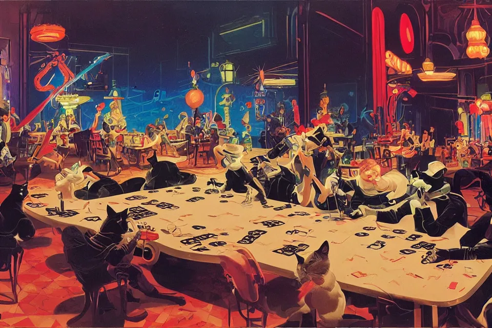 Image similar to cats rolling dice with the rats, neon ballroom, by syd mead, john kricfalusi