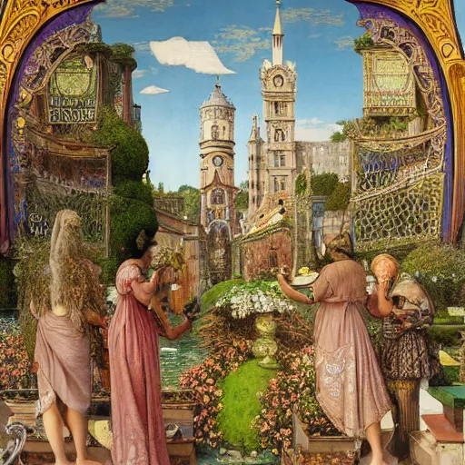 Prompt: hyperrealistic detailed painting of medieval city, with flowers, beetles, bacteria, fish skeletons, fungi, scales, golden filigree, art by ernst haeckel, john william godward, hammershøi, alphons mucha, pontormo, ornamental, decorative, art nouveau pattern, deep pastel colors,