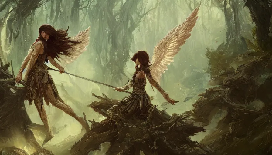 Image similar to A beautiful detailed painting of a female angel warrior reigns on a magical forest by greg rutkowski and Kalin Popov , Trending on artstation HD.