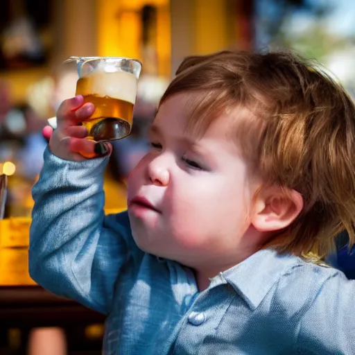 Image similar to an award winning photograph of a toddler downing a beer at the pub, holding a cigarette