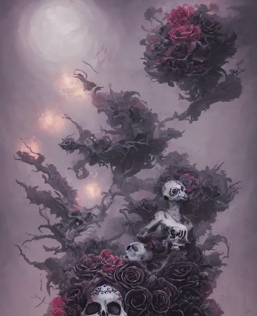 Image similar to a chaotic goddess of death skull black rose s day of the dead atmospheric, dramatic, concept art by Peter Mohrbacher hyperrealist, cinema4D, 8k highly detailed ❤️‍🔥 🔥 💀 🤖 🚀