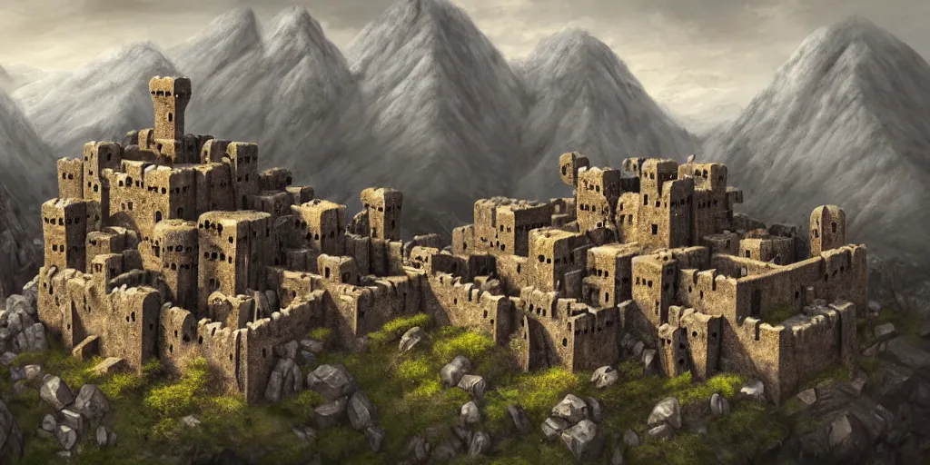 Prompt: aerial view of a dwarven fortress at the edge of a mountain range, as a matte oil painting, photorealistic, landscape, medieval fantasy, epic, smelters, forges, waterwheels, chiseled architecture, ornate, intricate, trading depots, extremely detailed, sharp focus