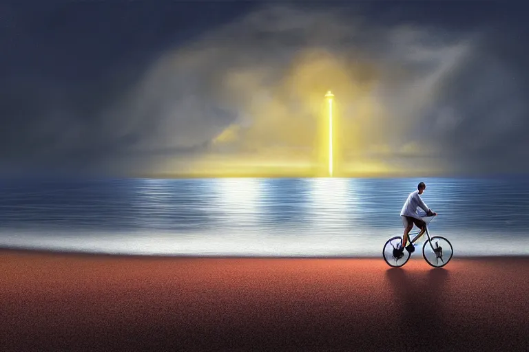 Image similar to photo of man riding a bicycle along the beach that is lit by glowing organisms underwater toward a lighthouse in the distance, wide horizon, large white clouds, intricate, elegant, highly detailed, digital painting, artstation, concept art, smooth, sharp focus, illustration, art by artgerm and greg rutkowski and fra angelico