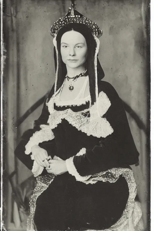 Prompt: a wet plate photo of a ferret dressed as anne boleyn, wearing a crown, wearing a robe