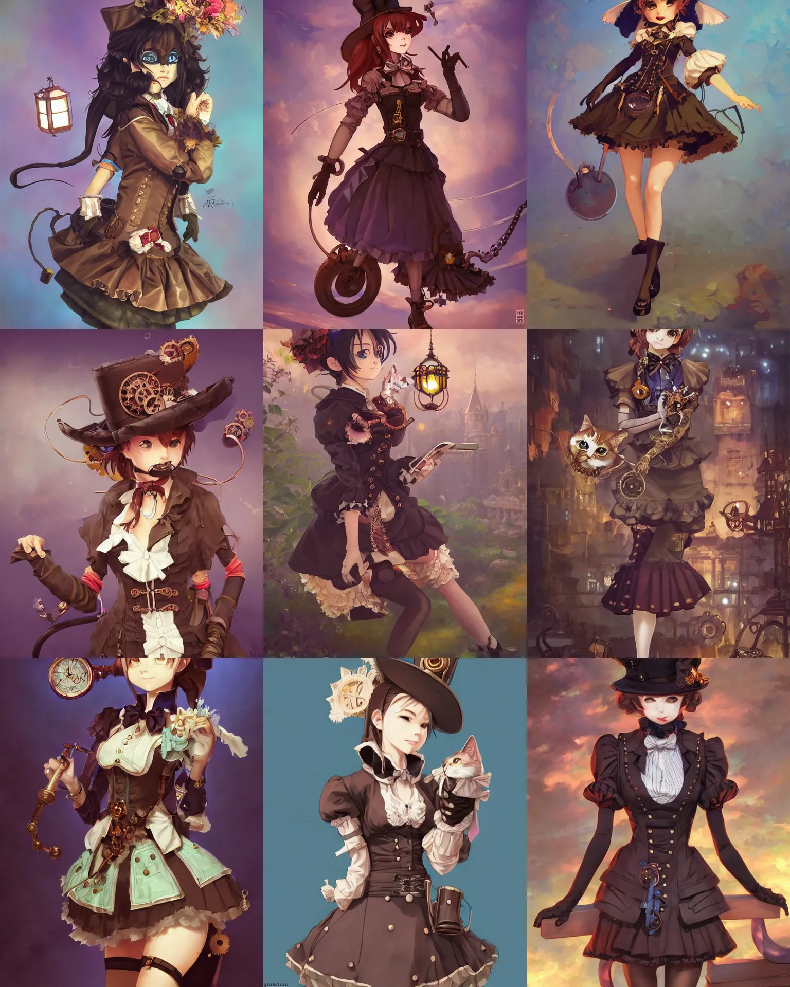 Prompt: a steampunk cat maid, victorian, anthropomorphic cat. Vivid colors, soft lighting. By Makoto Shinkai, Stanley Artgerm Lau, WLOP, Rossdraws, James Jean, Andrei Riabovitchev, Marc Simonetti, krenz cushart, Sakimichan, D&D trending on ArtStation, digital art.