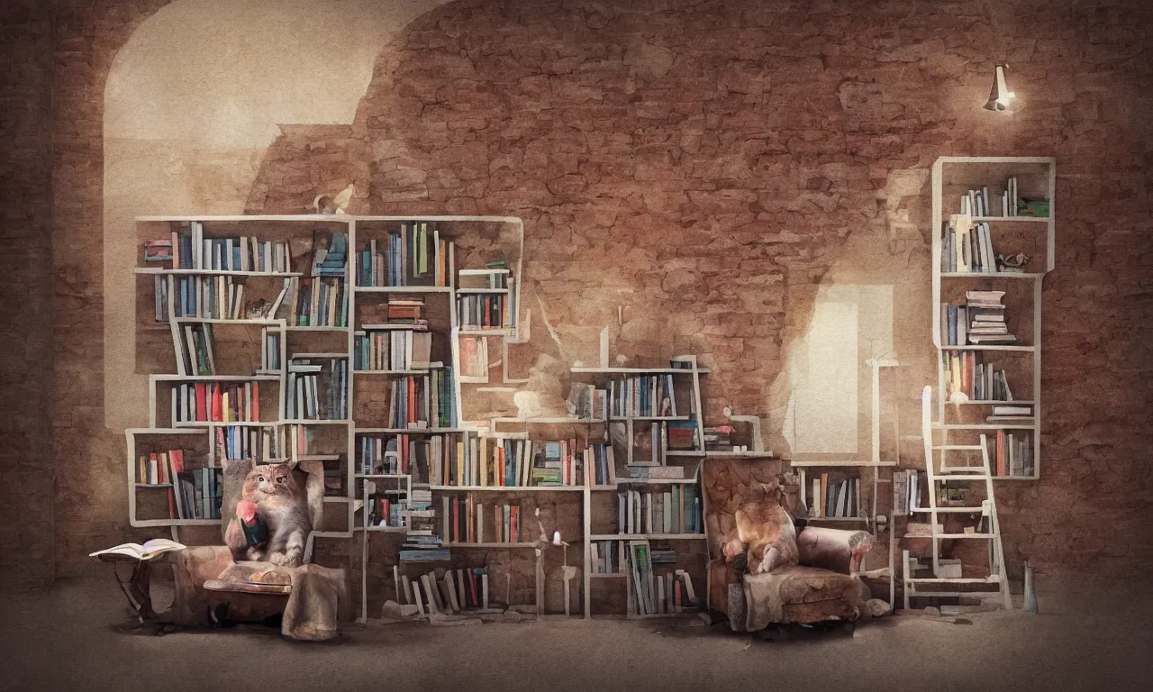 Prompt: bookshelf, cornish cats, brick streets, ancient manuscripts, a reader in a chair, nordic pastel colors, 3 d art, digital illustration, perfect lighting