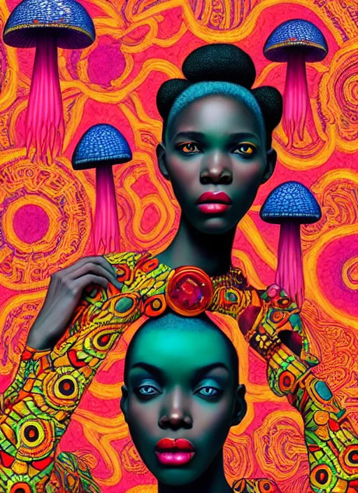 Image similar to pretty african model with hallucination mushroom : : by martine johanna and simon stalenhag and chie yoshii and casey weldon and wlop : : ornate, dynamic, particulate, rich colors, intricate, elegant, highly detailed, vogue, harper's bazaar art, fashion magazine, smooth, sharp focus, 8 k, octane render,