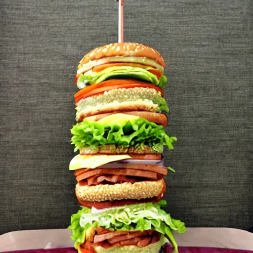 Prompt: enormously tall Dagwood-style Big Mac sandwich