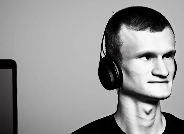 Image similar to headshot of vitalik buterin in headphones. perfect symmetric face, coherent eyes, happy beautiful face fine details., 4 k, ron cobb