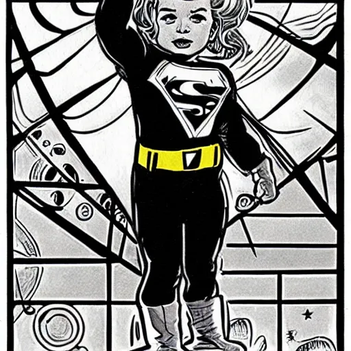 Image similar to a cute little boy with a mischievous face and blonde hair. he is dressed as a superhero. well composed, clean elegant painting, beautiful detailed face. comic book art by steve ditko and jack kirby and ( alphonse mucha )