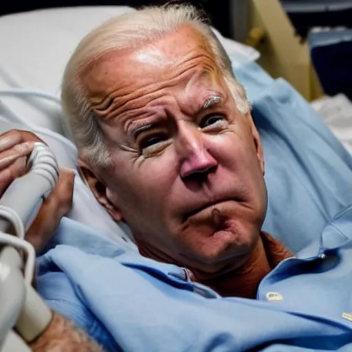 Prompt: Joe Biden sitting in a hospital bed with tubes and wires attached to him