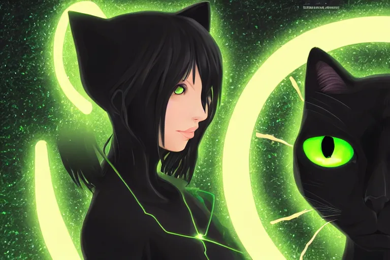 Prompt: black cat with glowing green eyes activating a human transmutation circle, digital illustration, artstation, artstation hq, hd