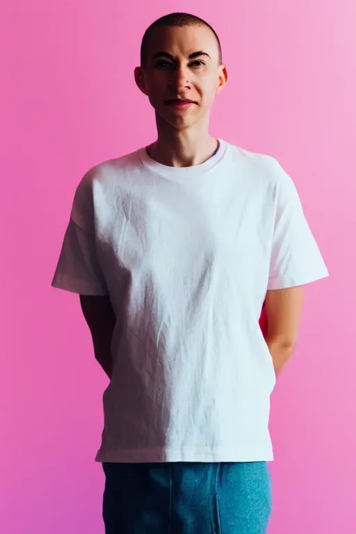 Prompt: a high definition film photograph of a normal mixed race androgynous robot human wearing a plain white t - shirt, in a pastel pink office. friendly. crushed shadows. three point light.