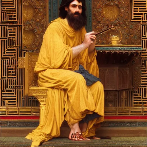 Image similar to orientalist portrait of a sage wearing golden robes smoking a pipe in a sandstone temple intricate portrait by john william waterhouse and Edwin Longsden Long and Theodore Ralli and William-Adolphe Bouguereau, very coherent symmetrical artwork. Cinematic, hyper realism, high detail 8k