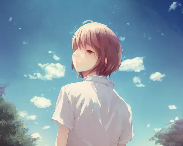 Image similar to teen looking at blue sky, wearing white shirt, back turned, looking up, illustration, by pine ( ハイネ ) and 薯 子 imoko and 香 川 悠 作 and wlop and maya takamura, highly detailed, trending artstation, pixiv, digital art