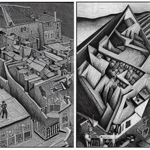 Image similar to the largest prime, mashup between mc escher and vincent van gogh