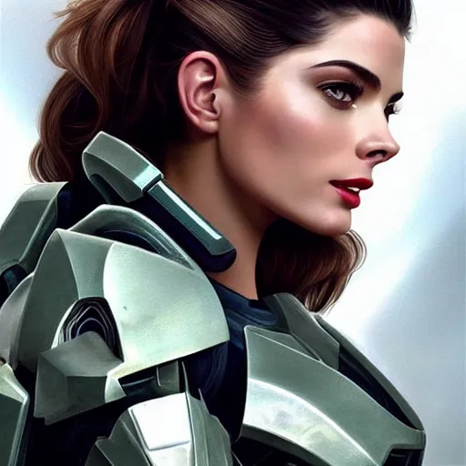 Image similar to A combination of Adriana Dxim's and Grace Kelly's and Ashley Greene's appearances wearing Forerunner armor from Halo, high tech, action shot, angular, full body portrait, futuristic, dramatic, fantasy, intricate, elegant, highly detailed, artstation, matte, sharp focus, 8K, art by Artgerm and Greg Rutkowski and Alphonse Mucha