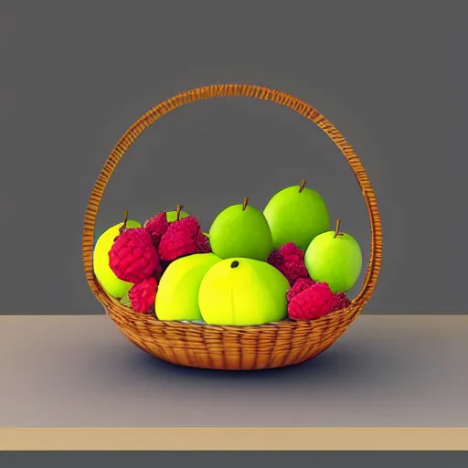 Prompt: a fruit basket on top of a kitchen table, low poly