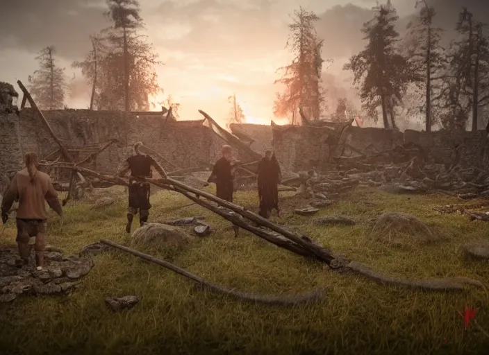 Prompt: a viking and a moose walks in the ruins of a viking village, burnt huts, bodies on the ground, horror, dramatic lighting, dawn, by caspar david friedrich, unreal engine 5