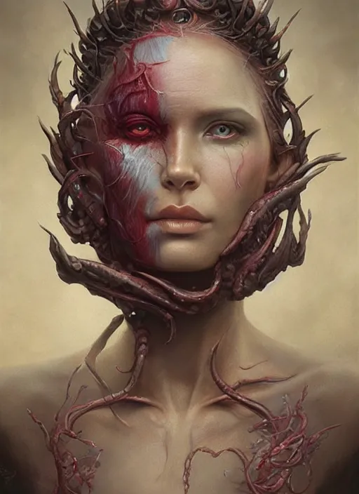 Image similar to a detailed facial portrait of the queen of blades, a beautiful face, mutation, by tom bagshaw, by dorian cleavenger, zdzisław beksinski, bastien lecouffe - deharme trending on artstation