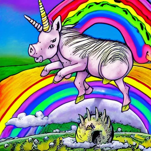 Image similar to trippy comic art of a unicorn horned pig with white wings sleeping on a rainbow in the sky with white clouds, drawn by Martin Rowson, Tim Burton, Studio Ghibli, Alex Pardee, Nekro Petros Afshar, James McDermott, colors by lisa frank, unstirred paint, vivid color, cgsociety 4K