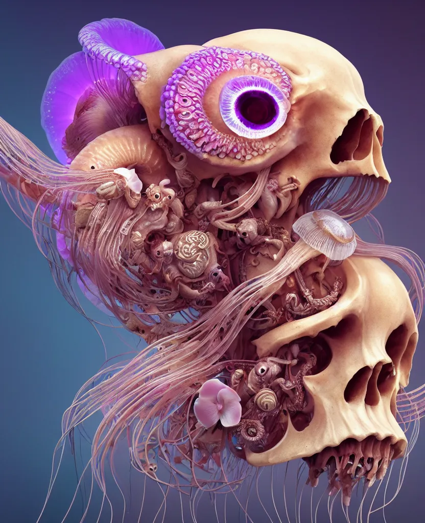 Image similar to goddess princess beautiful face close-up portrait ram skull. jellyfish phoenix head, nautilus, orchid, skull, betta fish, bioluminiscent creatures, intricate artwork by Tooth Wu and wlop and beeple. octane render, trending on artstation, greg rutkowski very coherent symmetrical artwork. cinematic, hyper realism, high detail, octane render, 8k
