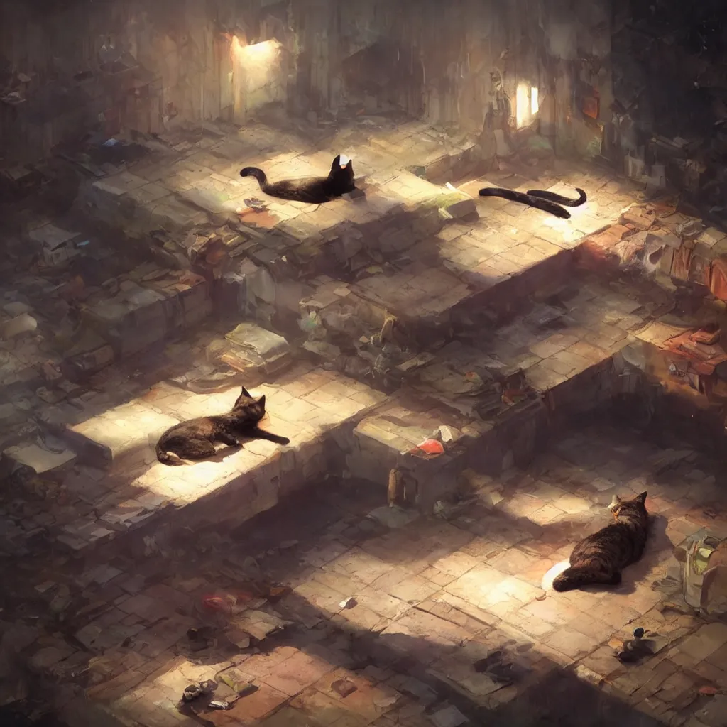 Image similar to cat laying on bed in under ground base, concept art, by greg rutkowski, volumetric lighting, complementing colors