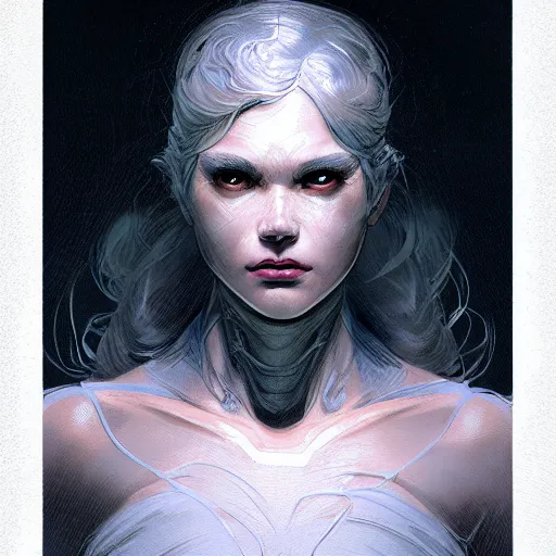 Image similar to an comic book style portrait painting of a ghost, tall, silver skin, illustration, cinematic lighting, 8 k, d & d, frostbite 3 engine, cryengine, dof, artstation, intricate, digital art, crepuscular ray, art by tsuyoshi nagano, greg rutkowski, artgerm, alphonse mucha