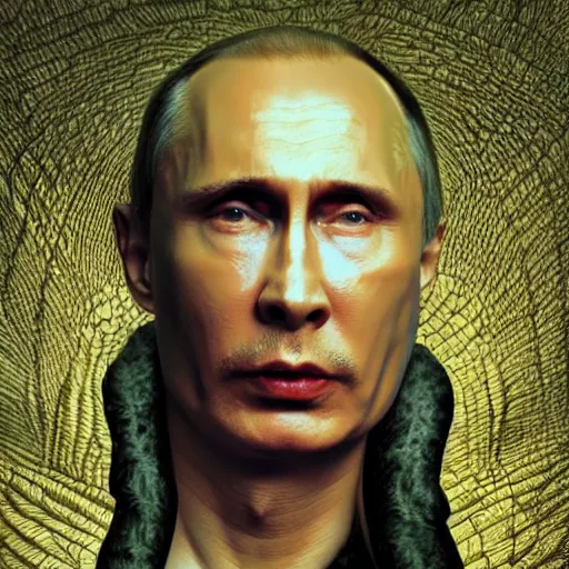 Image similar to stupid degraded retard vlad putin photo - realistic, color image, hyper realistic, 2 k, highly detailed, occult art, by giger, fractal structure