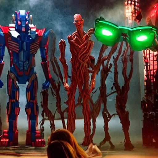 Image similar to groot and optimus prime in techno party among people dancing, wide shoot, after effect ultra realistic 3 d