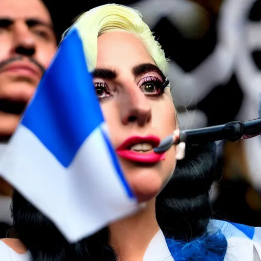 Image similar to Lady Gaga as president, Argentina presidential rally, Argentine flags behind, bokeh, giving a speech, detailed face, Argentina