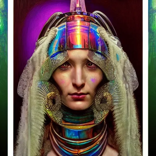 Image similar to close - up renaissance portrait of an iridescent art deco android priestess, reflective detailed textures, highly detailed fantasy science fiction painting by moebius, norman rockwell and william holman hunt. modern industrial shaman, rich colors, high contrast. artstation