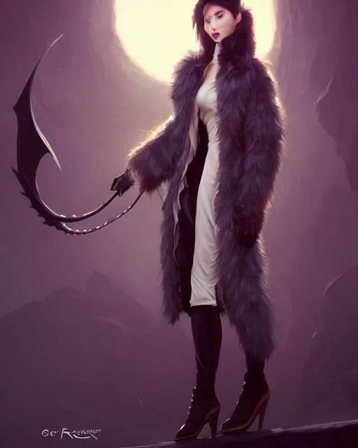 Image similar to fur - lined dragonhide jacket!!! beautiful and elegant female!! gorgeous ayes!! character concept art, sharp focus, illustration, artgerm!! greg rutkowski! wlop!! ilya kuvshinov!! marc brunet!! octane render! unreal engine 5! highly rendered!! trending on artstation!! cgi vfx!