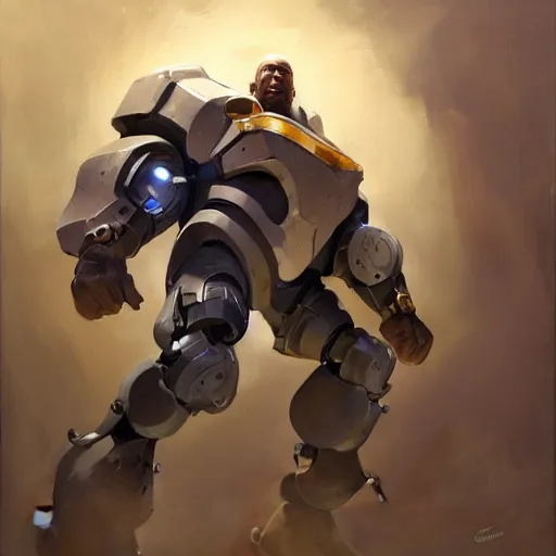 Image similar to greg manchess portrait painting of fully armored bionic augmented the foundation aka dwayne the rock as overwatch character, medium shot, asymmetrical, profile picture, organic painting, sunny day, matte painting, bold shapes, hard edges, street art, trending on artstation, by huang guangjian, gil elvgren, ruan jia, greg rutkowski, gaston bussiere