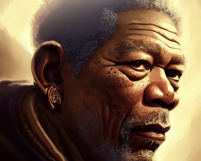 Image similar to morgan freeman as a pirate, deep focus, d & d, fantasy, intricate, elegant, highly detailed, digital painting, artstation, concept art, matte, sharp focus, illustration, hearthstone, art by artgerm and greg rutkowski and alphonse mucha