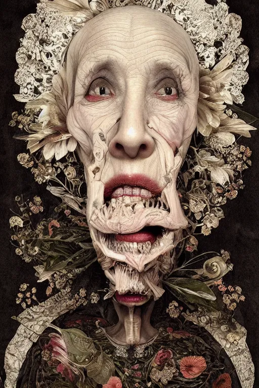 Image similar to Detailed maximalist portrait of a beautiful old woman with large lips and eyes, scared expression, botanical skeletal with extra flesh, HD mixed media, 3D collage, highly detailed and intricate, surreal illustration in the style of Caravaggio, dark art, baroque, centred in image