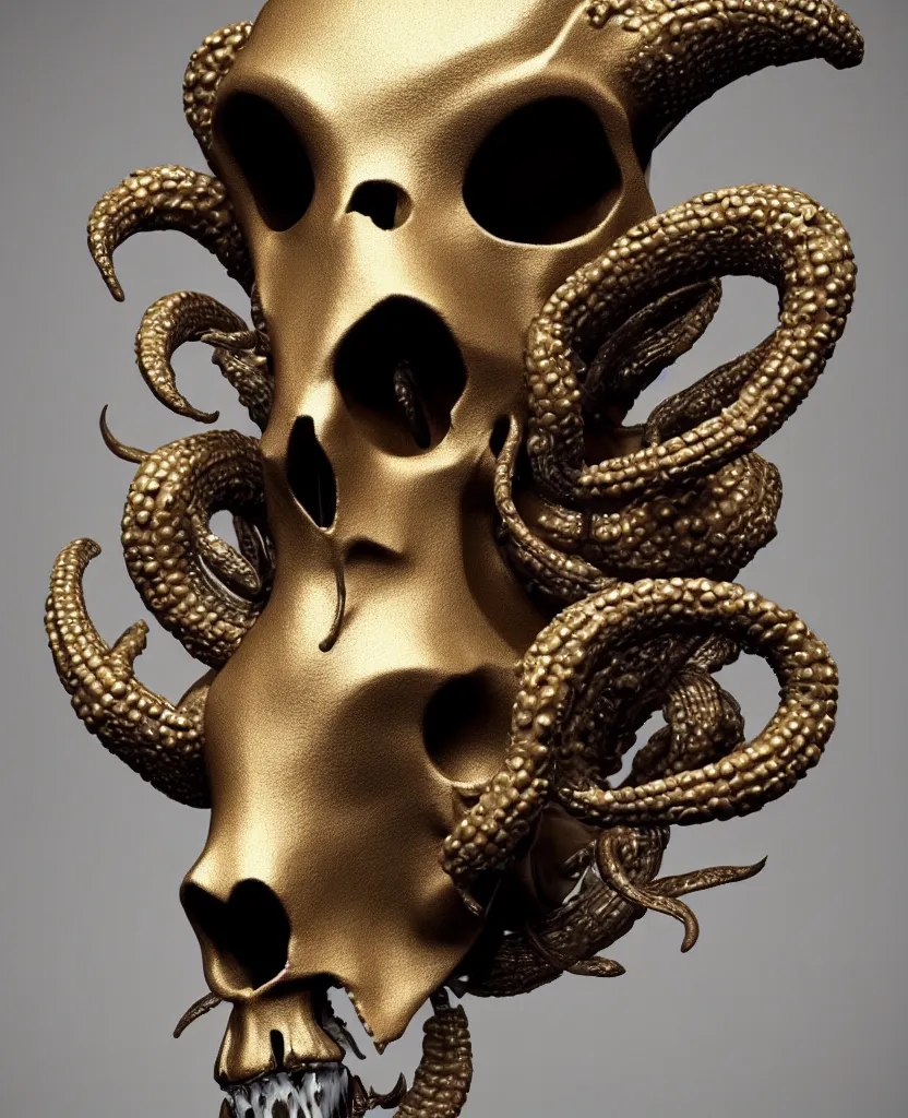 Image similar to goddess princess face close-up portrait ram skull. sculpture made of black clay and gold. jellyfish phoenix head, nautilus, orchid, skull, betta fish, bioluminiscent creatures, intricate artwork by Tooth Wu and wlop and beeple. octane render, trending on artstation, greg rutkowski very coherent symmetrical artwork. cinematic, hyper realism, high detail, octane render, 8k