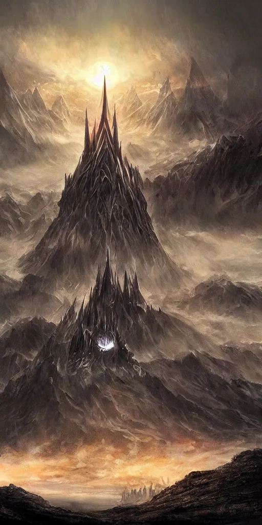 Prompt: an environmental concept art from the lord of the rings, the tower of barad - dur, the eye of sauron rests at it's peak, highly detailed, cinematic, dramatic lighting by francis tneh