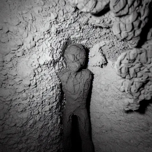 Image similar to found footage of a humanoid made of clay emerging from a wall inside of a cave made of clay, creepy, flash photography, unsettling, moist, low quality