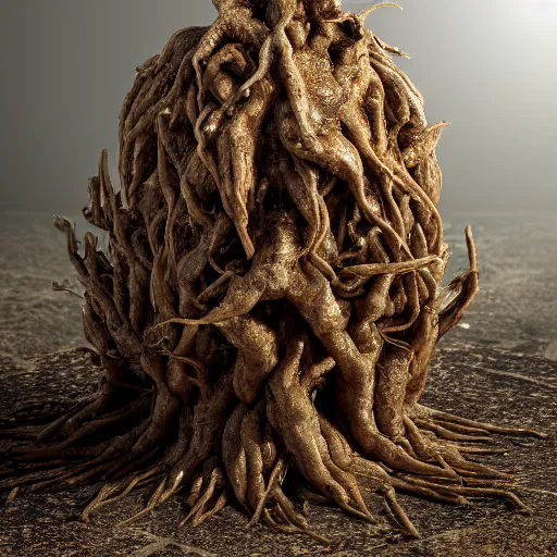 Image similar to medium shot, mandrake root in a pot, root in a form of human head with mandrake leaves growing from it, intricate hyper detailed ultra sharp sharp focus, global illumination, radiant light, alexandre ferra, irakli nadar, octane render, unreal engine, 4 k, ultra hd,