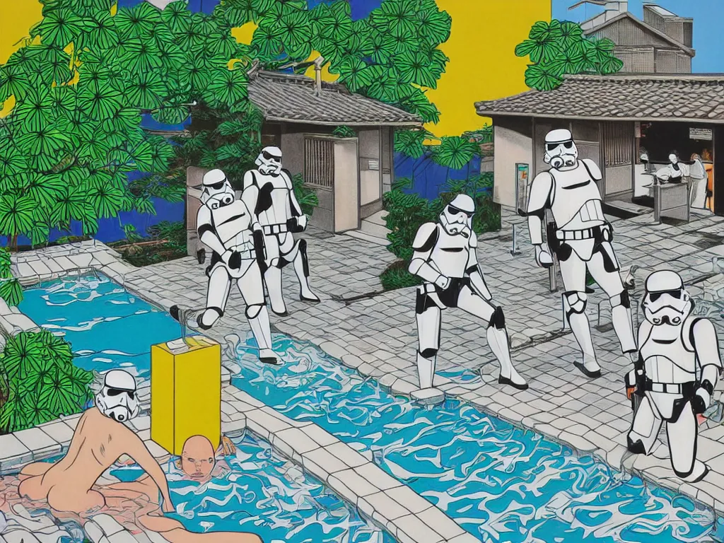 Image similar to hyperrealism composition of the japanese house with a hot springs in the garden, two detailed stormtroopers bathe in a hot spring, pop - art style, jacky tsai style, andy warhol style, roy lichtenstein style, acrylic on canvas