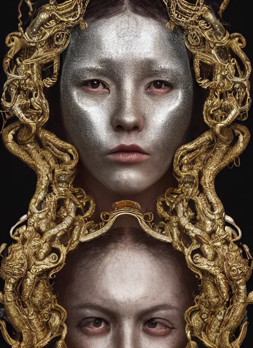 Image similar to hyperrealism, detailed textures, award winning photo, symetrical japanese medusa queen autochrome portrait, silverplate, intricate, detailed facial animal mask, golden jewelery, silverplate, ultra realistic, cinematic, intricate, cinematic light by steve mccurry, unreal engine 8 k