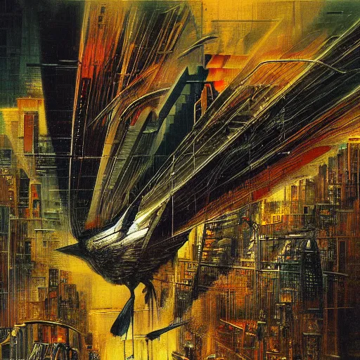 Prompt: a mechanical bird flies over a progressively rasterized digital neon city, oil on canvas by dave mckean and ivan shishkin