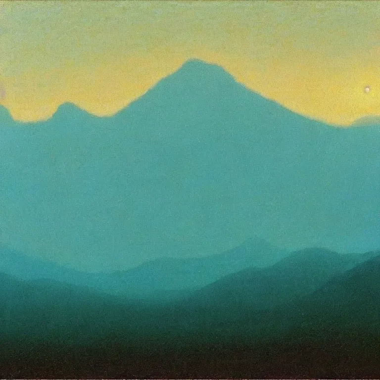 Image similar to caucaus mountains at dawn, arkhip kuindzhi painting, teal palette, christian mysticism