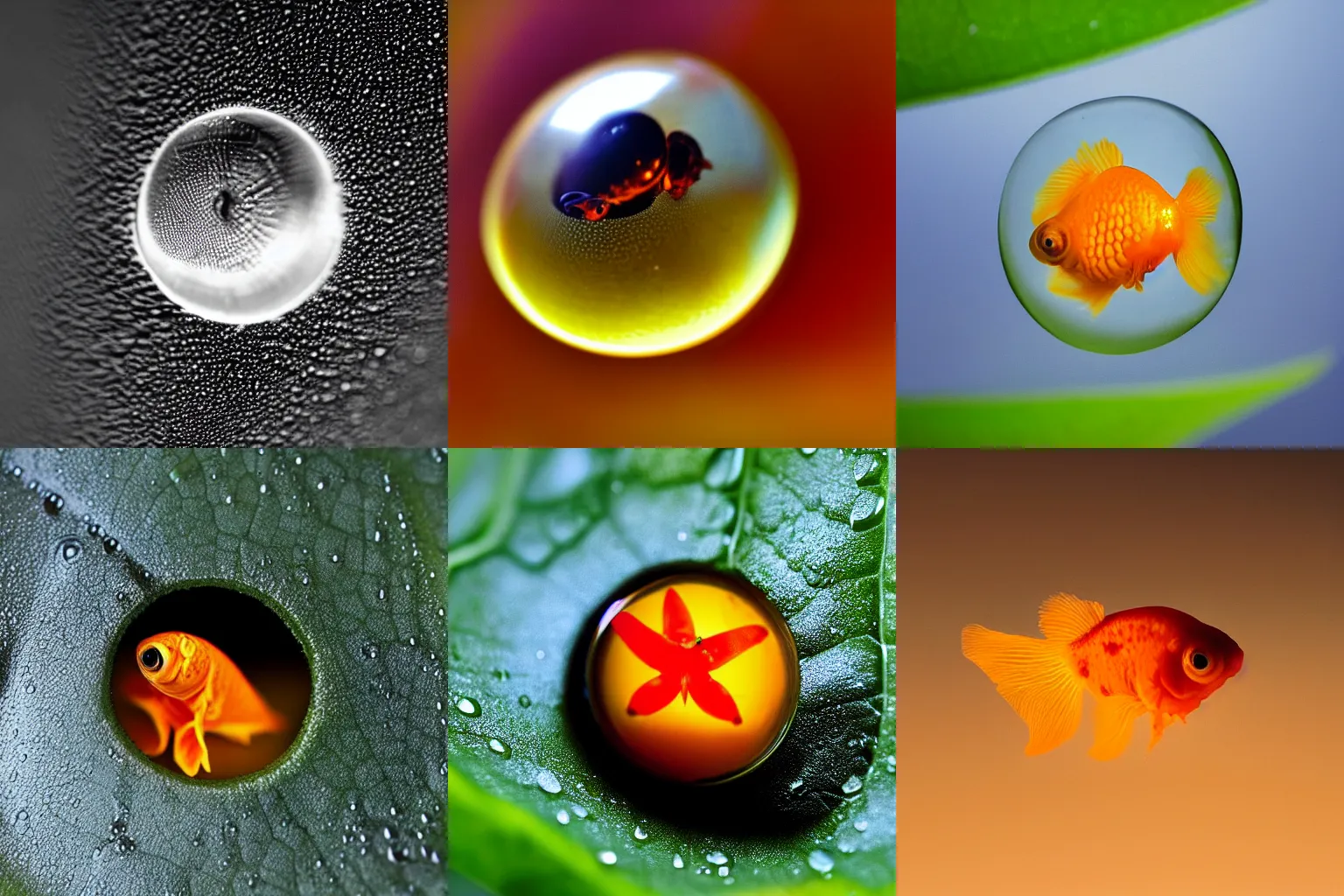 Prompt: extreme macro photography : ( subject = a single water droplet of water on a leaf + subject detail = goldfish encased inside of a water droplet ), zeiss macro lens f / 1 1 aperture