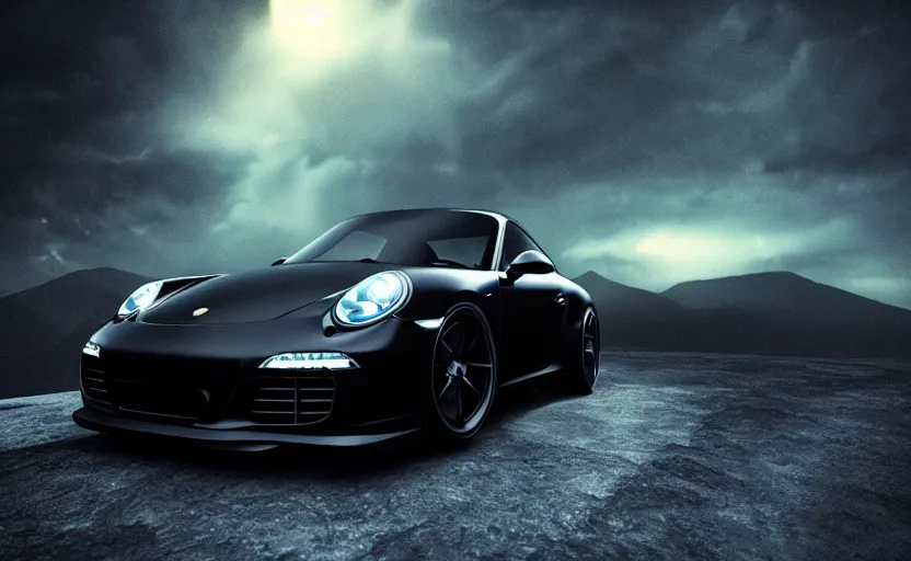 Image similar to a black Porsche 911 in the mountain at night by Khyzyl Saleem, cyan headlights, night time, lightning, heavy storm, atmospheric, artstation, concept art, illustration, sharp focus, high detail, octane render, RTX, water reflections, intimidating